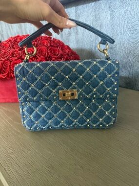 Valentino Quilted Denim Top-Handle Studded Shoulder Bag - Blue